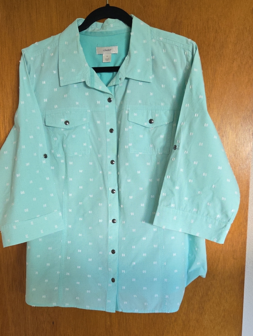 CJ Banks Mint Green Button-Down Shirt with Subtle White Motif